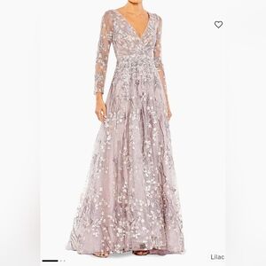 NWT MAC DUGGAL Embroidered Lace Wrap Over Illusion Long Sleeve A Line Gown Lilac
